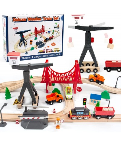 Wooden Train Set 56-Piece Deluxe Kids Toy Train Set for 2 3 4 5 Year Old Boy Cargo-Themed Train Track with Tower Crane & Susp...