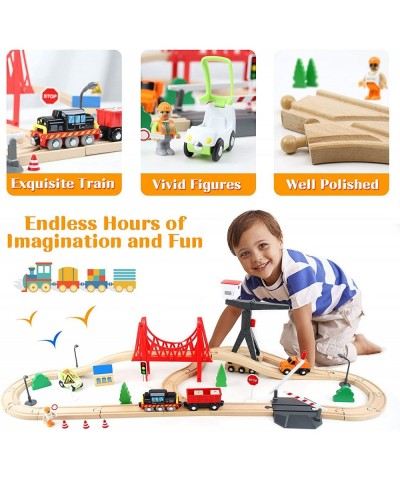 Wooden Train Set 56-Piece Deluxe Kids Toy Train Set for 2 3 4 5 Year Old Boy Cargo-Themed Train Track with Tower Crane & Susp...