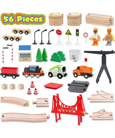 Wooden Train Set 56-Piece Deluxe Kids Toy Train Set for 2 3 4 5 Year Old Boy Cargo-Themed Train Track with Tower Crane & Susp...