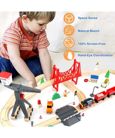 Wooden Train Set 56-Piece Deluxe Kids Toy Train Set for 2 3 4 5 Year Old Boy Cargo-Themed Train Track with Tower Crane & Susp...