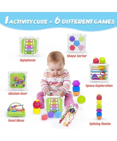 Baby Sensory Bin Set Includes 4 in 1 Montessori Cube with Shape Sorter and Colorful Blocks Balls Sorting Games Pull String Tr...