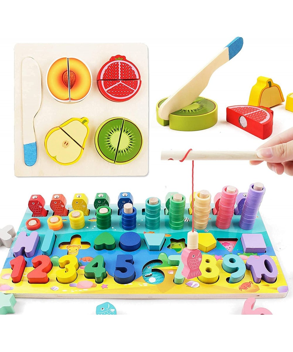 Wooden Magnetic Puzzles for Toddlers 2 Pack Montessori Early Education Toys Shape Number Sorting Fishing Game Toys and Cut Fr...