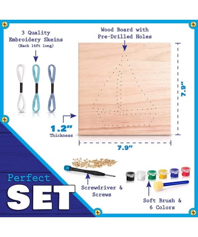 Boat String Art Kit: Complete 3D Wood DIY Art Craft Set Marked Holes 3 Colored Skeins Screws Screwdriver Paints Foam Brush Ag...