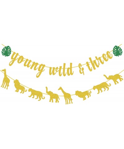 Tropical 3rd Birthday Party Decorations Young Wild and Three Banner Jungle Wild Animal Happy Birthday Banner for Boy Girl 3rd...