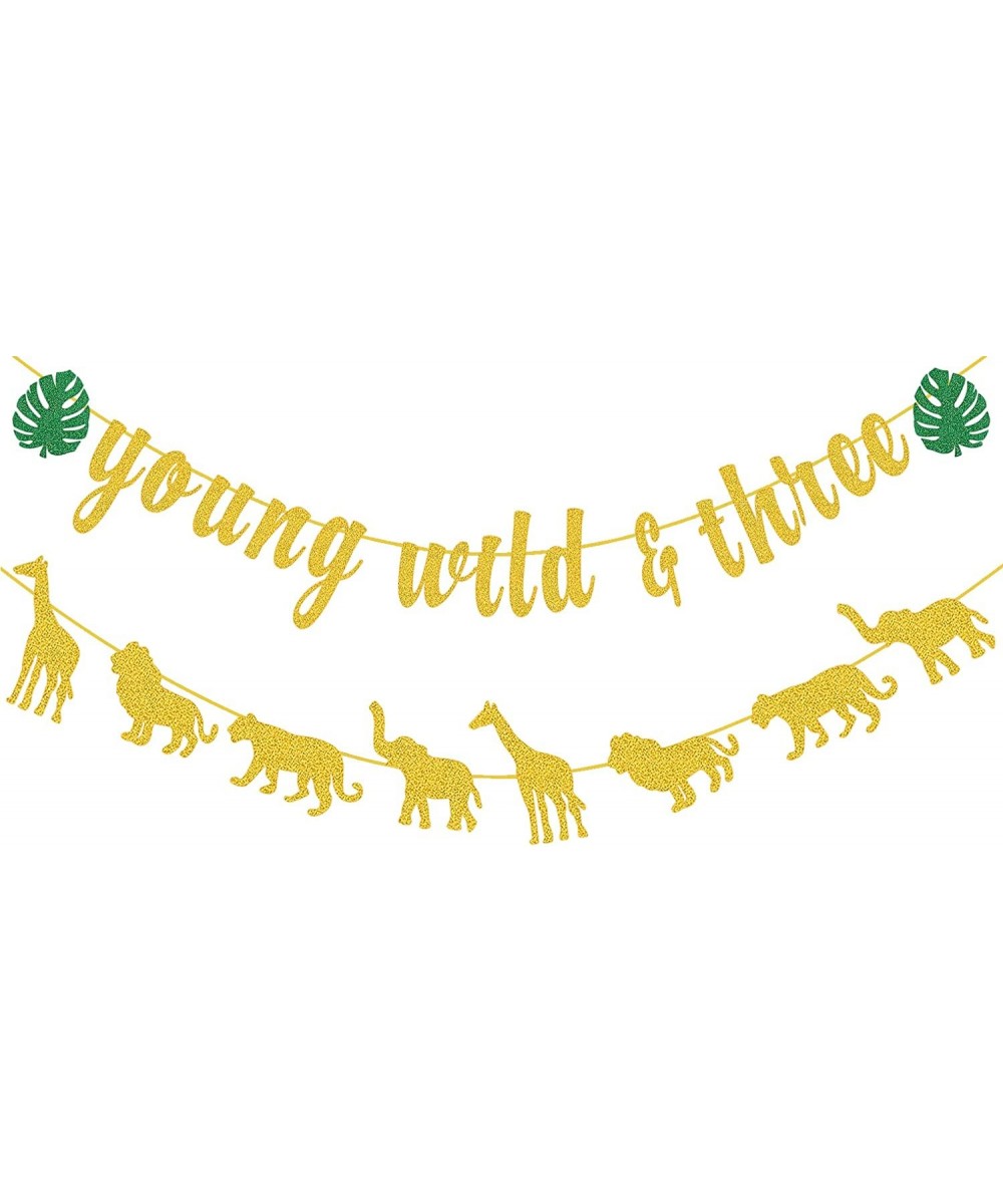 Tropical 3rd Birthday Party Decorations Young Wild and Three Banner Jungle Wild Animal Happy Birthday Banner for Boy Girl 3rd...