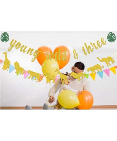 Tropical 3rd Birthday Party Decorations Young Wild and Three Banner Jungle Wild Animal Happy Birthday Banner for Boy Girl 3rd...