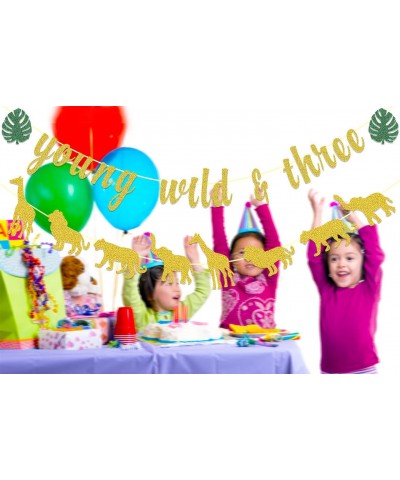 Tropical 3rd Birthday Party Decorations Young Wild and Three Banner Jungle Wild Animal Happy Birthday Banner for Boy Girl 3rd...