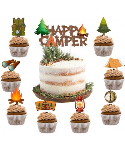 25 Pack Camping Themed Cake Toppers Kit Happy Camper Cake Topper Camping Bag Flashlight Campfire Cupcake Toppers for Camping ...