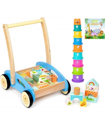 Wooden Baby Walker - 1 Year Old Boy Girl Gifts - Includes Stacking Sorting Cups Zoo Themed Blocks and Book - Developmental Mo...