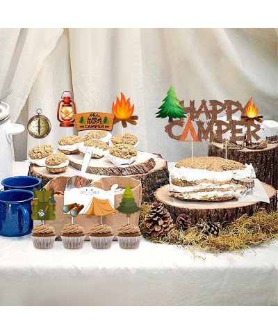 25 Pack Camping Themed Cake Toppers Kit Happy Camper Cake Topper Camping Bag Flashlight Campfire Cupcake Toppers for Camping ...