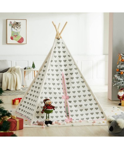 Teepee Tents for Kids for Indoor Decor with Carry Case Cotton Canvas Teepee Play Tent for Children Grey Heart with Pink Edge ...