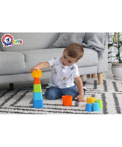 Baby Stacking Cups Toy - Set of 2 Colorful Stacking Toys Towers (5 Square 5 Round) - Interactive Stack Up Cup Toys - Durable ...