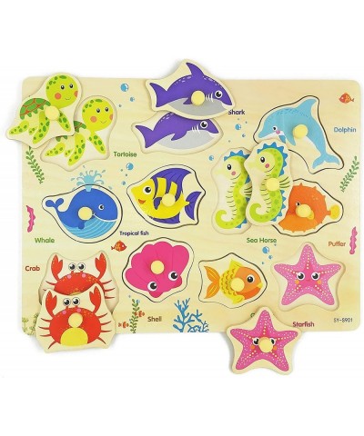 Wooden Peg Puzzle Sea Creature Chunky Baby Puzzles Colorful Wood Shape Puzzle Peg Board Animal Knob Puzzle for Educational To...