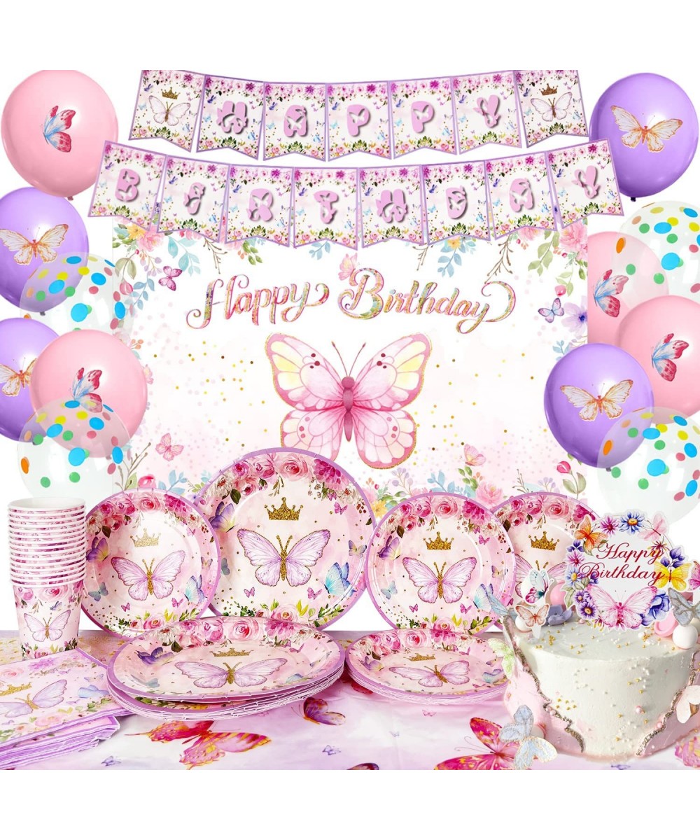 Butterfly Birthday Decorations for Girls-Pink Butterfly Theme Tableware Kit with Happy Birthday Backdrop and Butterfly Plates...