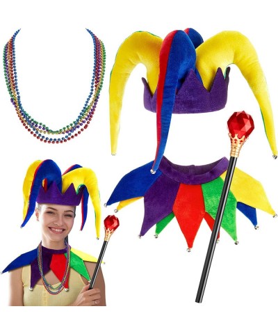 8 Pcs Mardi Gras Jester Costume Jester Hat Jester Clown Costume Include Clown Hat and Collar Wand and Assorted Colors Beads N...