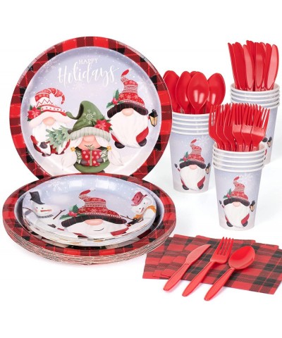 Gnome Paper Plates Serves 16 Large 10.25" and 8" Party Plates 12oz Cups Buffalo Plaid Napkins Cutlery Included Total 112PCS $...