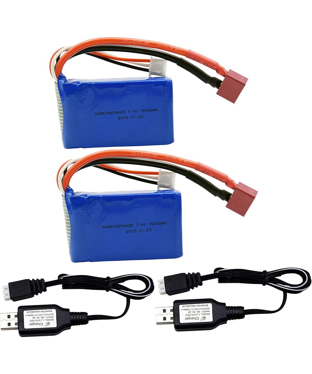 2 Pack 7.4V 2S 25C 1500mAh Lipo Battery T Plug and Charger Cable Suitable for Wltoys 144001 A959B A969B A979B K929-B 1/18 RC ...