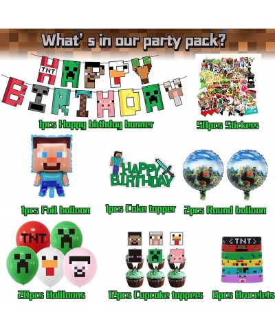 93 PCS Pixel Miner Party Supplies Pixel Game Theme Birthday Party Decors Set Includes Birthday Banner Balloons Cupcake Topper...