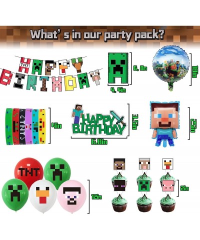 93 PCS Pixel Miner Party Supplies Pixel Game Theme Birthday Party Decors Set Includes Birthday Banner Balloons Cupcake Topper...