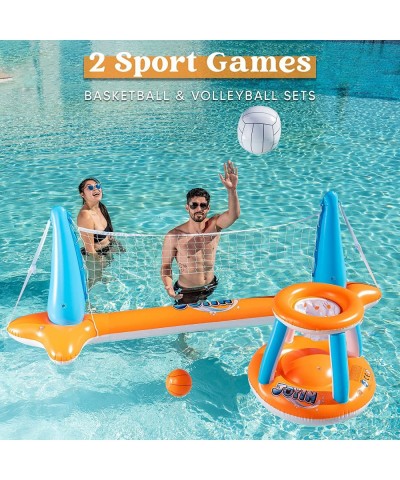 Inflatable Pool Float Set Volleyball Net & Basketball Hoops Floating Swimming Game Toy for Kids and Adults Summer Floaties Vo...