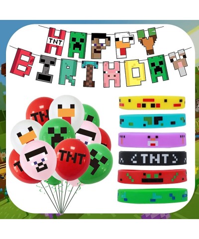 93 PCS Pixel Miner Party Supplies Pixel Game Theme Birthday Party Decors Set Includes Birthday Banner Balloons Cupcake Topper...