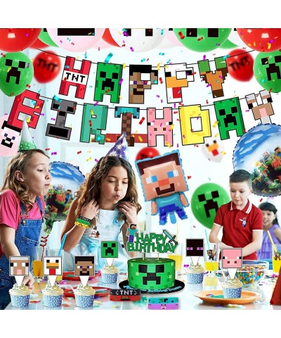 93 PCS Pixel Miner Party Supplies Pixel Game Theme Birthday Party Decors Set Includes Birthday Banner Balloons Cupcake Topper...