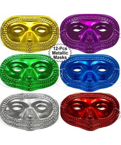 Mardi Gras Masks 12pcs | Mardi Gras Beads 12 Pcs | Masquerade Set 24 pcs Total | Assorted Metallic Colors Carnival Half Masks...