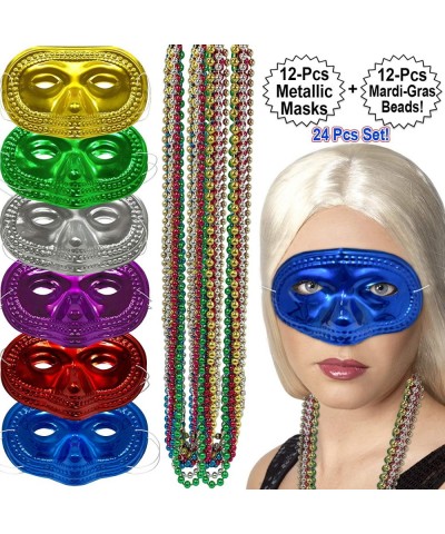 Mardi Gras Masks 12pcs | Mardi Gras Beads 12 Pcs | Masquerade Set 24 pcs Total | Assorted Metallic Colors Carnival Half Masks...