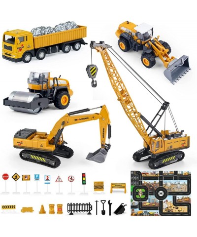 Construction Truck Vehicle Set for Kids Die Cast Car Toy Playset with Map Road Signs Crane Excavator Wheel Loader Road Roller...