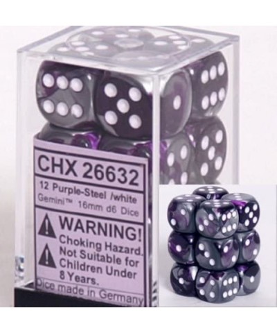 Dice d6 Sets: Gemini Purple & Steel with White - 16mm Six Sided Die (12) Block of Dice $16.30 Game Accessories