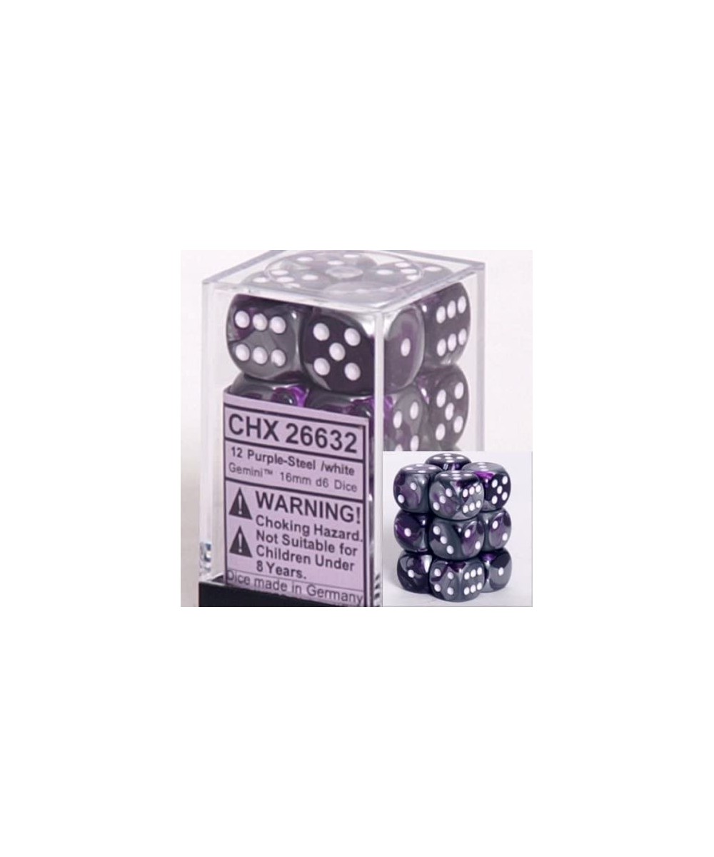 Dice d6 Sets: Gemini Purple & Steel with White - 16mm Six Sided Die (12) Block of Dice $16.30 Game Accessories