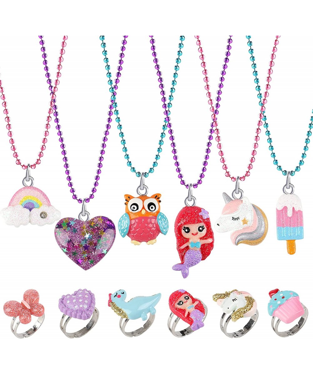 12 PCs Kids Necklaces Rings for Girls Sparkling Rainbow Unicorn Mermaid Party Favors Birthday Gifts Dress up & Pretend Play N...