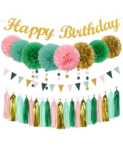 Sage-Green Pink Mint Gold Birthday Decorations - 31pcs Party Kits Happy Birthday Banner Flags Tissue Paper Pom Poms Circle Do...