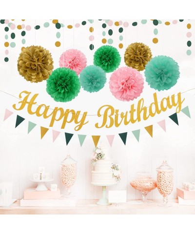 Sage-Green Pink Mint Gold Birthday Decorations - 31pcs Party Kits Happy Birthday Banner Flags Tissue Paper Pom Poms Circle Do...