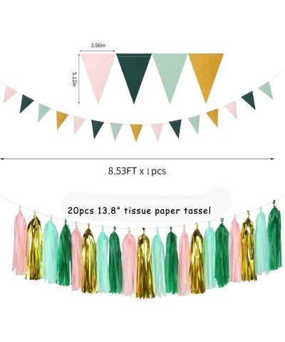 Sage-Green Pink Mint Gold Birthday Decorations - 31pcs Party Kits Happy Birthday Banner Flags Tissue Paper Pom Poms Circle Do...