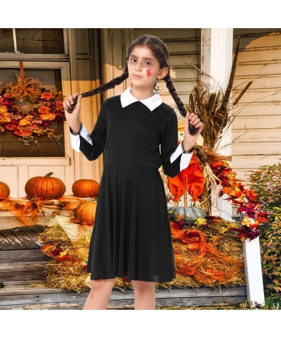 Halloween Addams Family Costume for Girls Wednesday Dress Addams Costume Peter Pan Collar Flare Black Dress Outfit for Kids $...