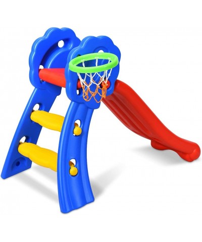 3-in-1 Toddler Slide Folding Slide w/ Basketball Hoop & Ladder Slipping Slide Climber Playset for Indoor Outdoor Playground T...