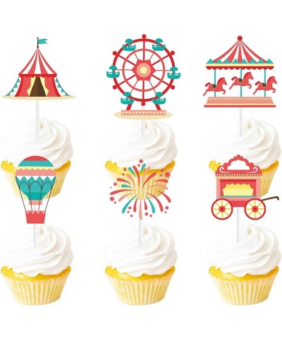 18pcs Red Glitter Fireworks Dessert Cupcake Topper Clown Hot Air Balloon Circus Tent Carnival Theme Decor Supplies Baby Girl ...