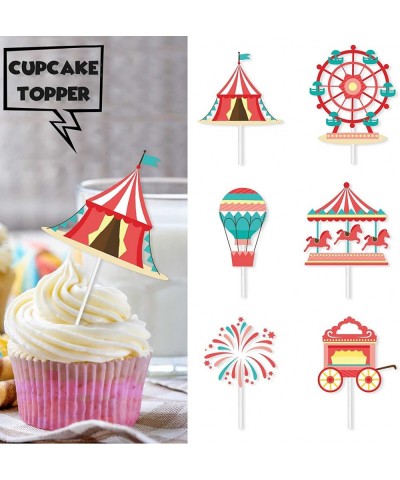 18pcs Red Glitter Fireworks Dessert Cupcake Topper Clown Hot Air Balloon Circus Tent Carnival Theme Decor Supplies Baby Girl ...