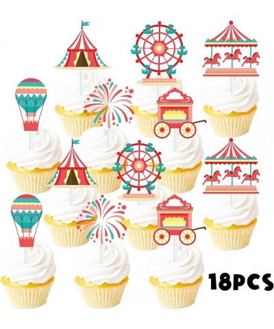 18pcs Red Glitter Fireworks Dessert Cupcake Topper Clown Hot Air Balloon Circus Tent Carnival Theme Decor Supplies Baby Girl ...