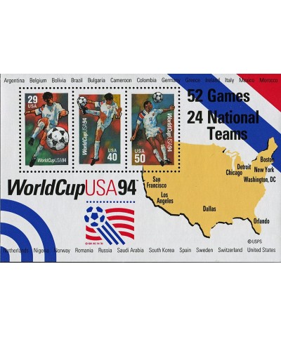 USA 1994 World Cup Soccer Championships Souvenir Sheet of 3 Postage Stamps Catalog No 2837 $13.31 Collectible Postage Stamps