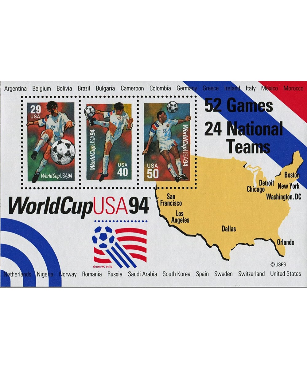 USA 1994 World Cup Soccer Championships Souvenir Sheet of 3 Postage Stamps Catalog No 2837 $13.31 Collectible Postage Stamps