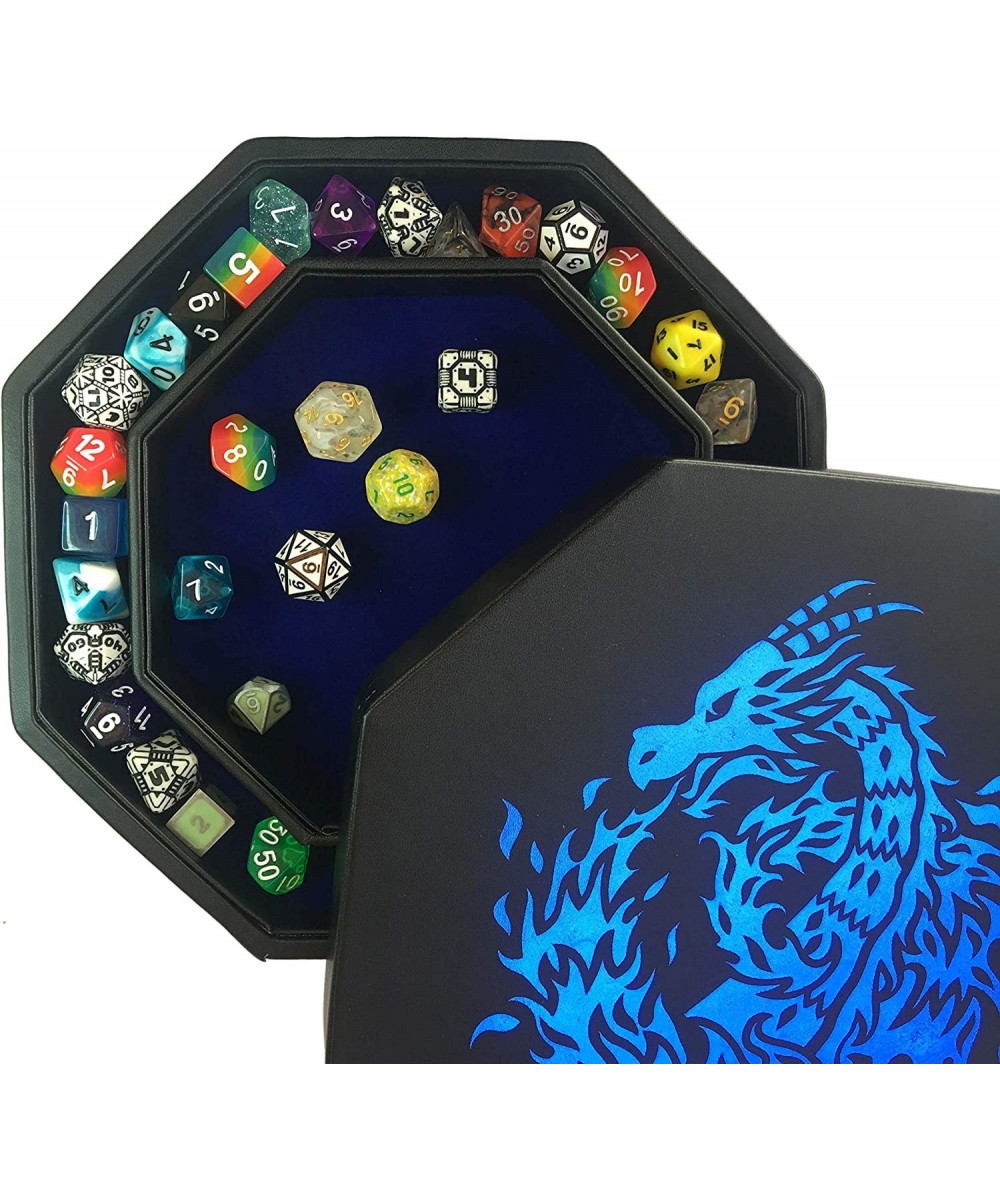 Fantasydice- Blue - Fire Dragon - Dice Tray - 8" Octagon with Lid and Dice Staging Area- Holds 5 Sets( 7 Dice Set/ Standard) ...