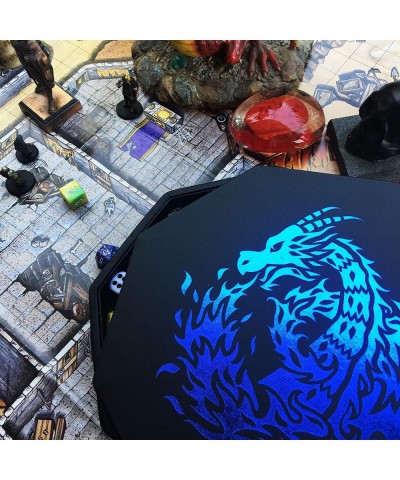 Fantasydice- Blue - Fire Dragon - Dice Tray - 8" Octagon with Lid and Dice Staging Area- Holds 5 Sets( 7 Dice Set/ Standard) ...