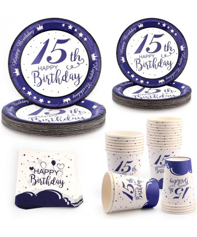 15th Birthday Decorations for Boys Girls 96pcs Happy Birthday Plates and Napkins Navy Blue Party Tableware Set Party Supplies...