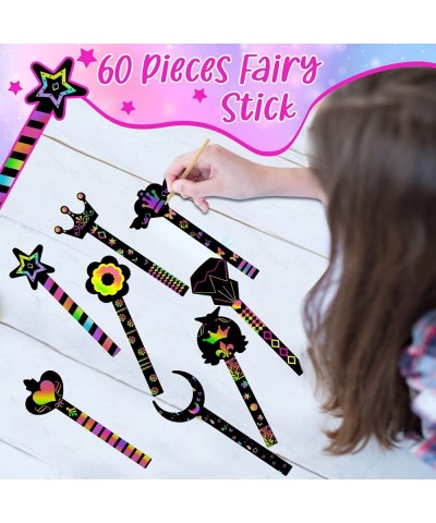 60 Pcs Fairy Stick Scratch Paper Art Set Colorful DIY Craft Kit Fun Drawing Princess Party Favors Fairy Wand Art Supplies for...