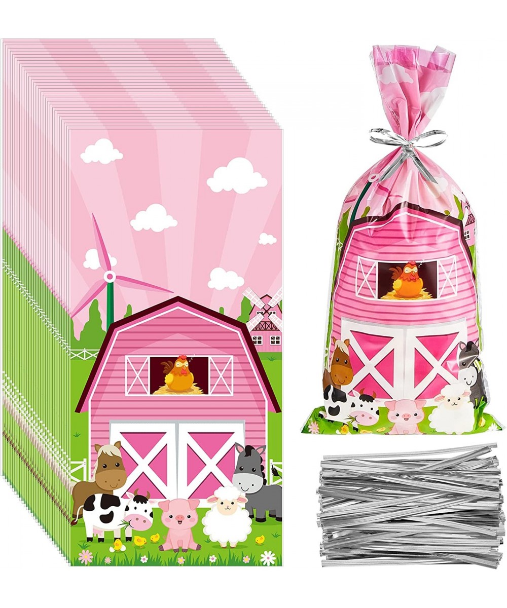 100 Pcs Pink Farm Animals Party Cellophane Treat Bags Farmhouse Plastic Goodie Candy Favor Bags Treat Bags with 100 Twist Tie...