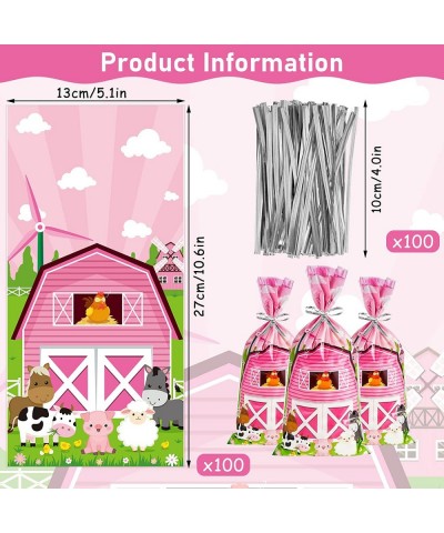 100 Pcs Pink Farm Animals Party Cellophane Treat Bags Farmhouse Plastic Goodie Candy Favor Bags Treat Bags with 100 Twist Tie...