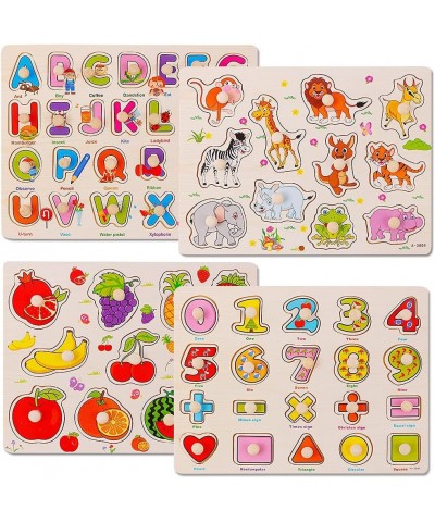 Wooden Peg Puzzles for Toddlers 4 Pack ABC Letter Alphabet Number Animal Fruit Puzzles for Kids Ages 2-4 Years Old Montessori...