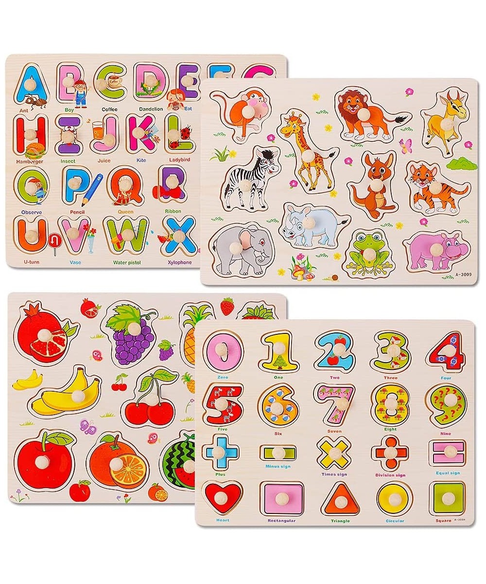 Wooden Peg Puzzles for Toddlers 4 Pack ABC Letter Alphabet Number Animal Fruit Puzzles for Kids Ages 2-4 Years Old Montessori...